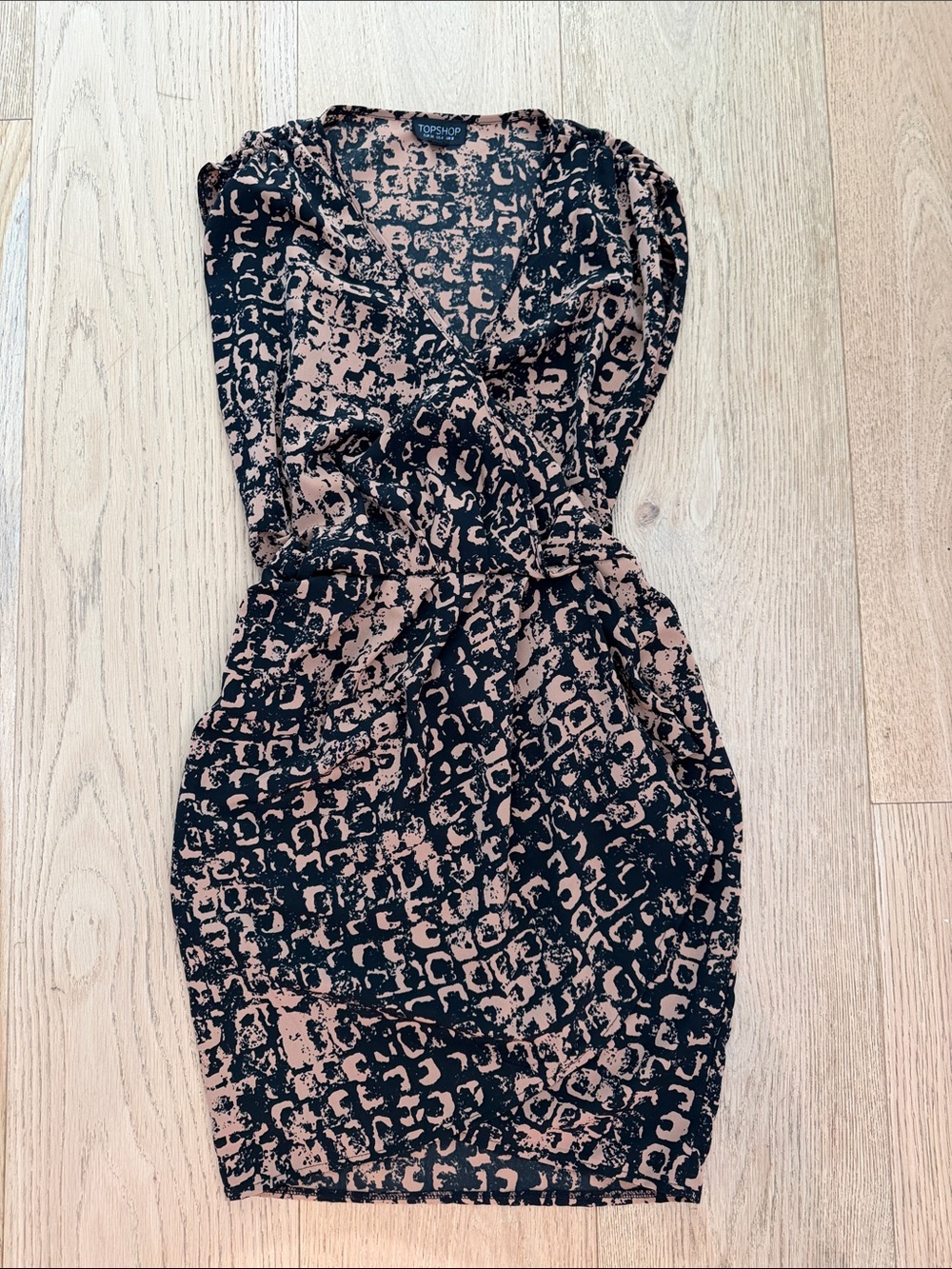 Topshop Black and Tan Abstract Wrap-Style Midi Dress